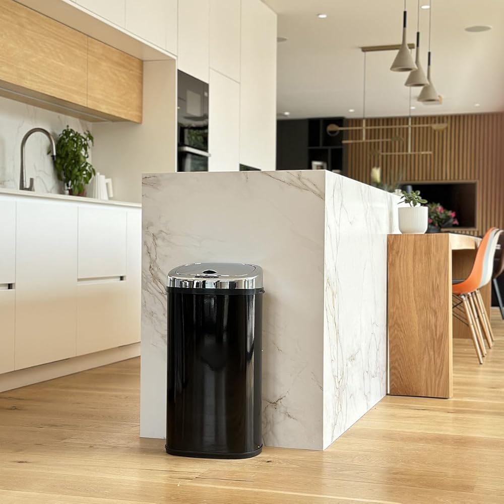 Poubelle de cuisine automatique 42L LARGO Noir brillant en acier INOX avec cerclage : Cuisine et Maison