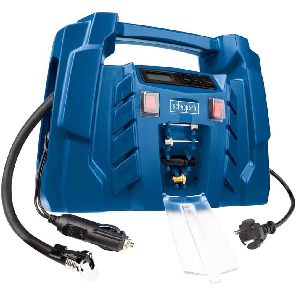 : Scheppach Compresseur Portatif Airforce5 | 150W | Affichage digital | Raccordement 12V-230V pour voiture/voiture | 8bar de pression | Forte admission d'air de 180 L/min | Accessoires inclus