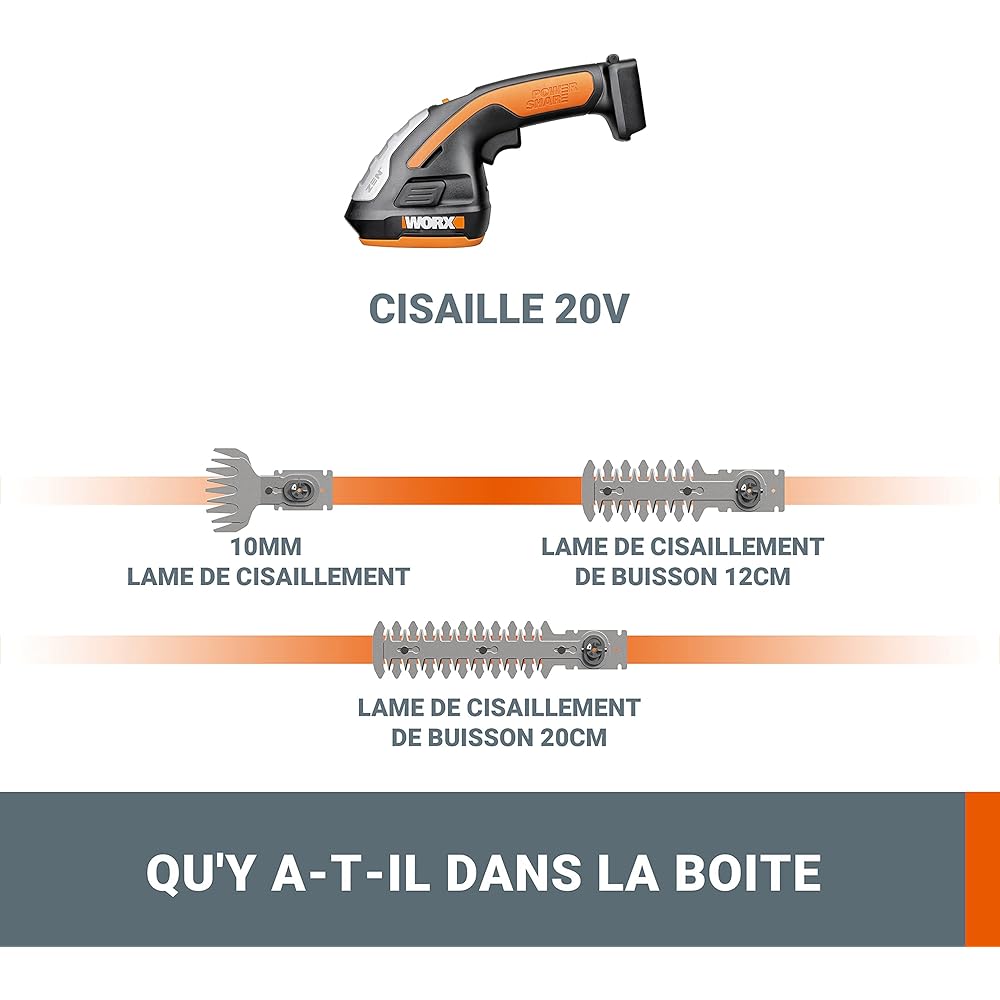 WORX Set Sculpte-Haies et Taille-Herbes sans Fil 20V WG801E.9, sculpteur de végétaux, lame 200 mm, outil 3 en 1, livré avec set de 3 Lames avec malette de transport, sans batterie ni chargeur : Jardin