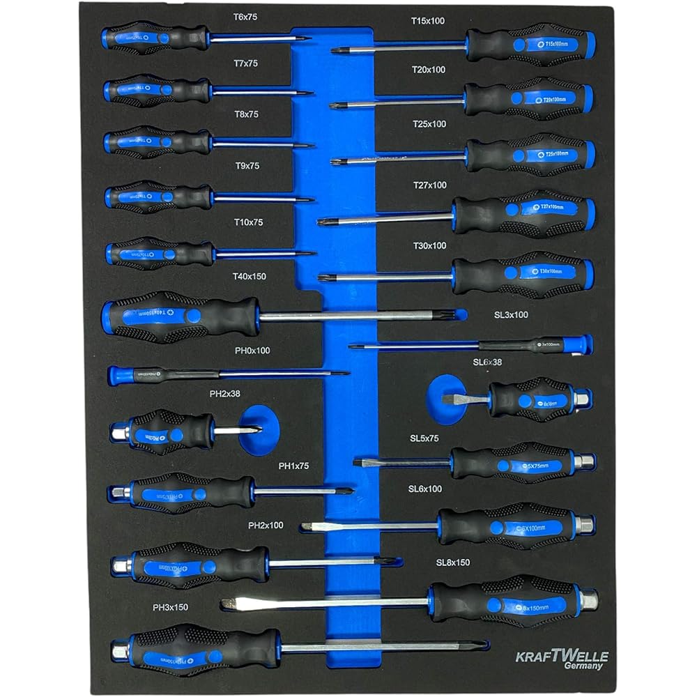 Kraftwelle Servante d'atelier modèle 2021 avec tiroir à roulement à billes, 7 tiroirs, cliquet, clé à cliquet, tournevis, pinces, kit d'outils d'atelier : Bricolage