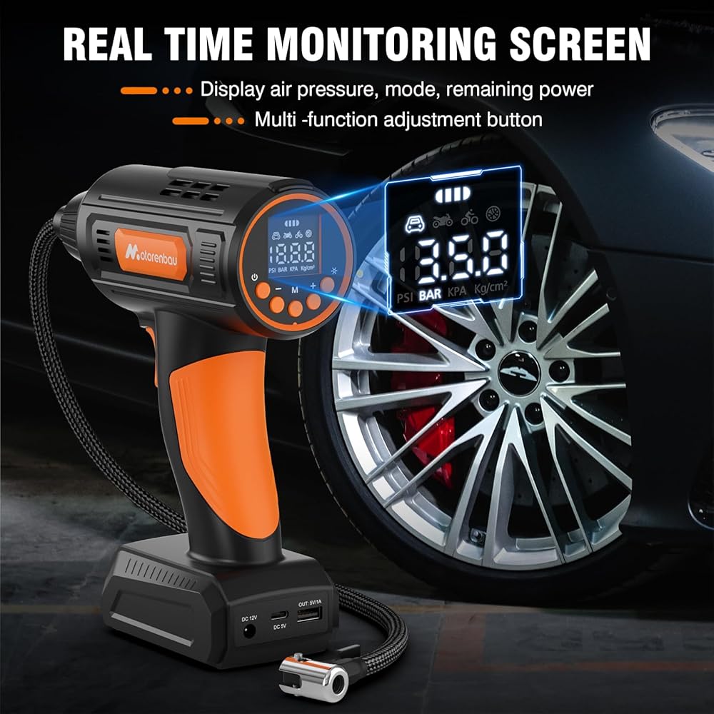 Motorenbau Gonfleur Pneus Voiture Numérique Portable,120W Compresseur d'air,Pompe à Air Alimentée par Batterie 12V,avec lumière LED,manomètre numérique,pompe à air rapide : Bricolage