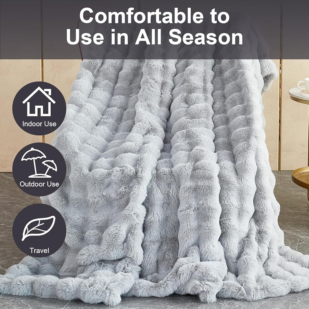SHANNA Couverture en polaire, fausse fourrure de lapin, moelleuse et chaude, polyvalente, 1 000 g/m² d'épaisseur, 160 x 200 cm, gris clair : Cuisine et Maison