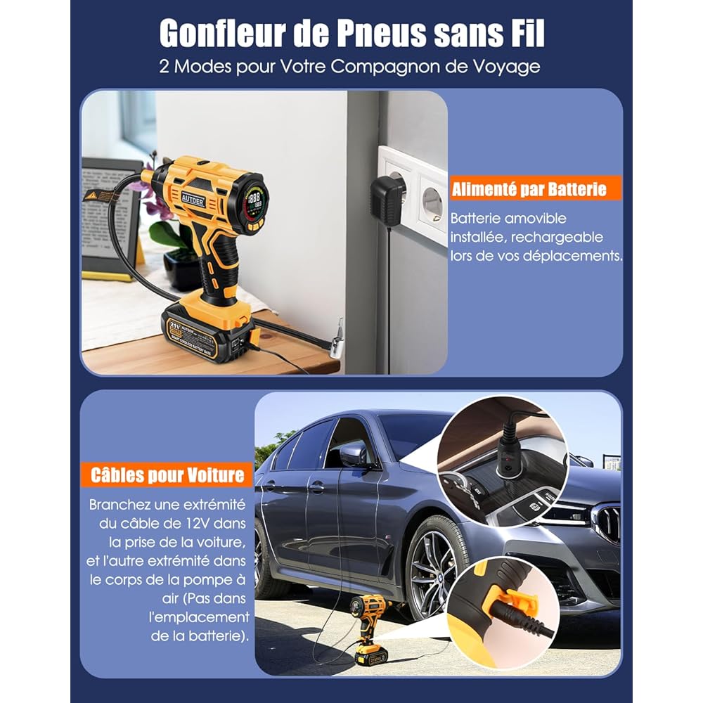 : AUTDER Compresseur à Air Portatif, Gonfleur Pneus Voiture, Max 180 PSI/12.4 Bar, Compresseur Voiture sans Fil avec Batterie 21V et 12V DC, pour Voitures, Vélos, Motos, Ballons, Jaune