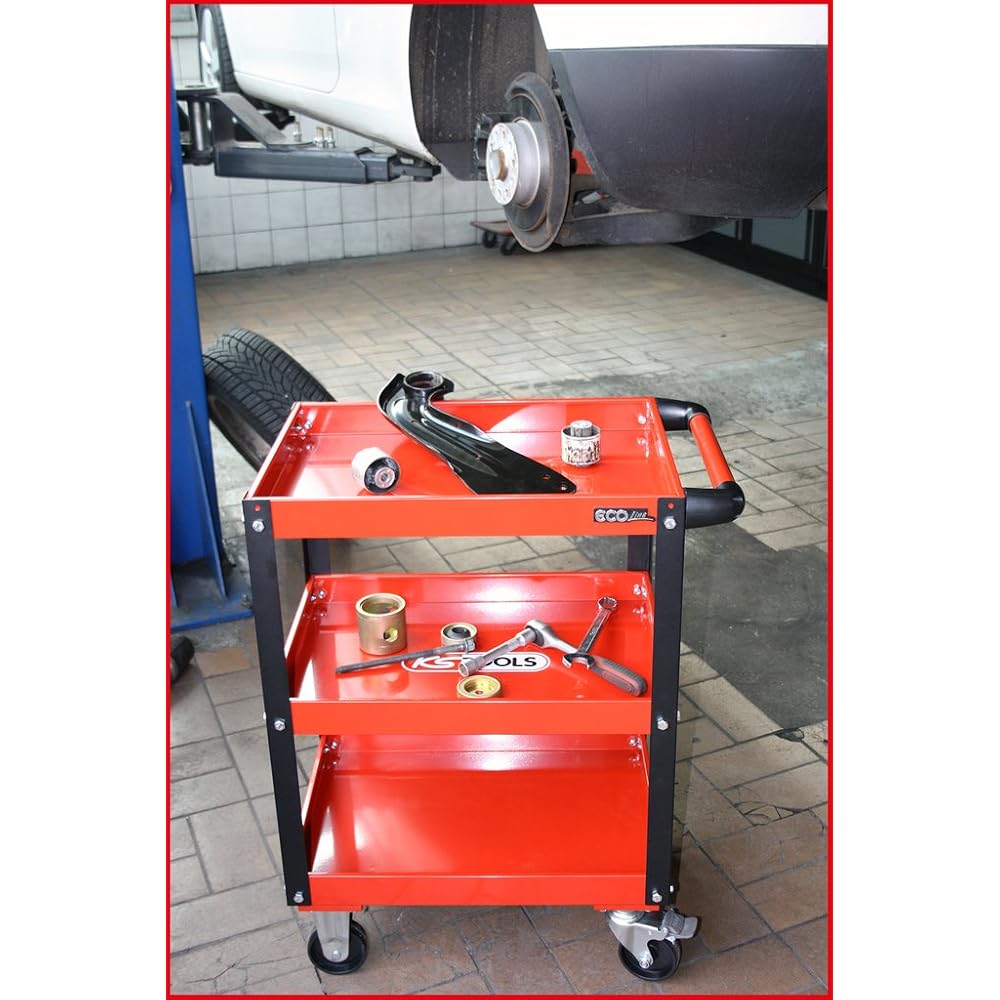 KS TOOLS 890.0001 - Chariot d'atelier métal - Plateaux à rebords - Avec poignée latérale - Avec 4 roues directionnelles - En acier Couleur : Commerce, Industrie et Science
