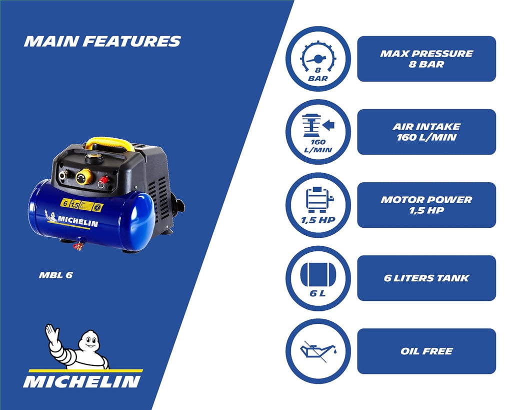 Michelin MBL6 Compresseur d'air portable sans huile cuve 6 L avec manomètre et kit d'accessoires