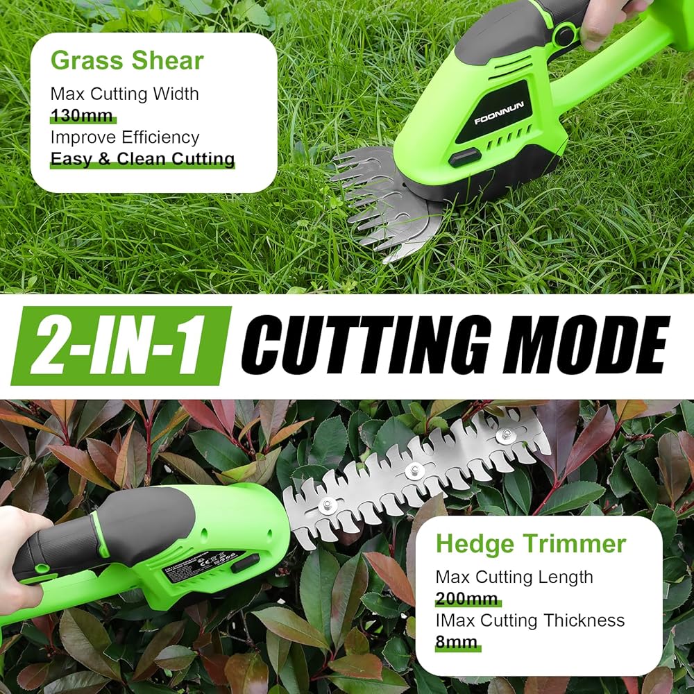 FOONNUN 2 en 1 Cisailles à Gazon, Taille Haie a Batterie avec 1x2000 mAh Batterie, Electrique Cisaille de Jardin, 2 Lames(13cm&20cm), Cisailles à Gazon Sans Fil Portatives pour Arbustes, Jardin, Gazon : Jardin