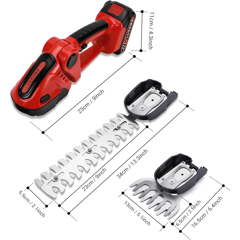 LUXBIRD Taille-haie 21V, cisaille à Gazon électrique sans Fil 2 en 1, Coupe-Herbe à Main IP67 étanche, avec 2 Lames remplaçables et 2 Piles Rechargeables Rouge : Jardin