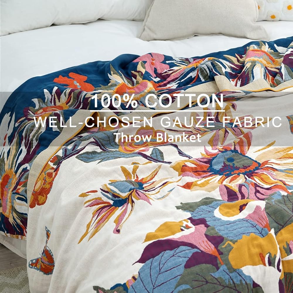 Wotcsil Plaid Canapé en Coton Orange Bleu Floral Couverture Jeté Canapé Boho Réversible Couvre Lit Fauteuil Dessus Grande Taille Bohème, 200x230cm : Cuisine et Maison