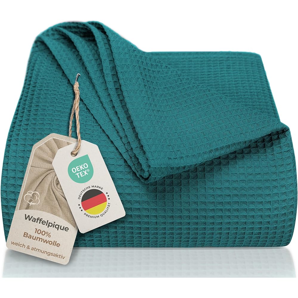 LAYNENBURG Couvre-lit 240 x 260 cm XXL - Piqué gaufré 100% Coton - Couverture légère pour l'été - Couverture en Coton pour Le lit, Le canapé - Couverture aérée pour Le canapé (Pétrole) : Cuisine et Maison
