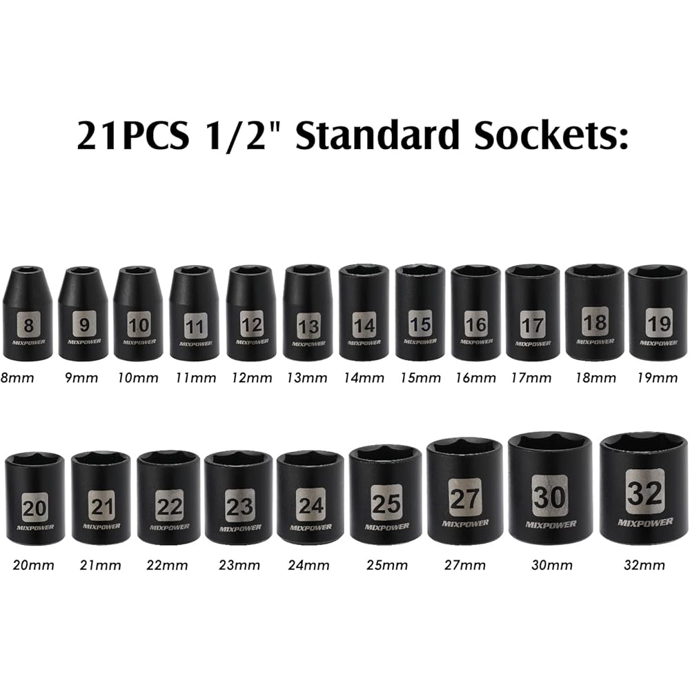 MIXPOWER Lot de 49 douilles à choc 1/2" profondes/peu profondes, (8 mm-32 mm), CR-V, métrique, comprend des barres d'extension, des adaptateurs, un joint universel à impact : Bricolage