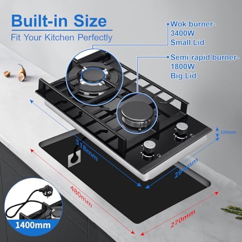 TopStrong Plaque de cuisson gaz 4 feux verre noir