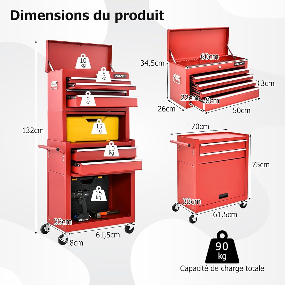 GYMAX Servante d’Atelier à Outils 3 en 1, avec 6 Tiroirs et 2 Grandes Couches, Chariot à Outils d'Atelier en Métal avec Serrure, Charge 90 KG, pour Garage/Atelier (Rouge) : Bricolage