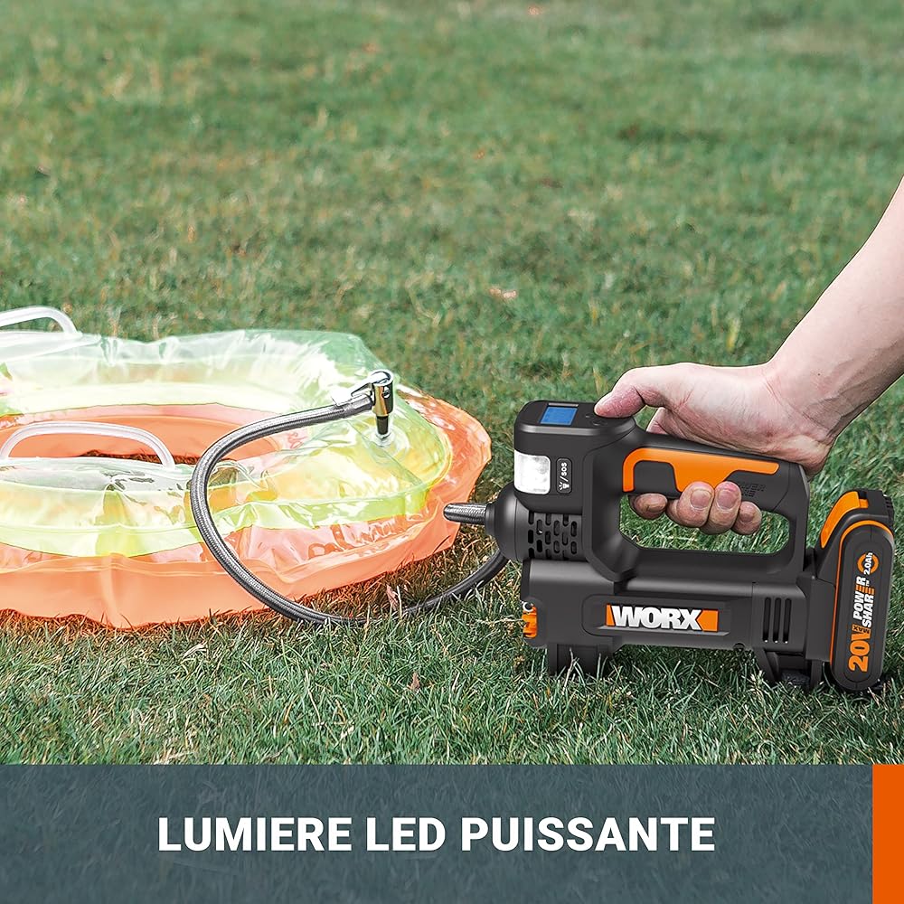 WORX Compresseur à Air multifonction sans Fil 20V WX092.9, 150 PSI, pompe à vélo, mini-compresseur électrique, Outil 4 en 1, Projecteur LED, Facile à Transporter, Livré sans Batterie ni Chargeur : Bricolage