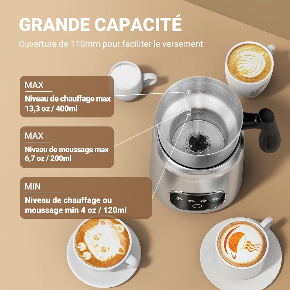 AMZCHEF Mousseur à lait électrique 4 en 1-400 ml - Avec écran tactile LED - Chauffage par induction 3D - Mousseur à lait - Chauffe également le chocolat et le lait pour latte, cappuccino et moka - : Cuisine et Maison