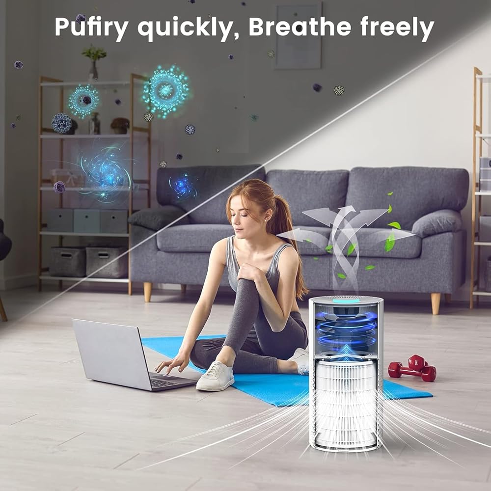 Afloia Purificateur d'Air, 3 Modes, Timer 2/4/8h, 22dB Mode Veille, 7 Couleurs Lumières, peut Filtrer 99,99% de la Poussière, du Pollen, de la Fumée, des Odeurs, CADR 130m³/h : Cuisine et Maison