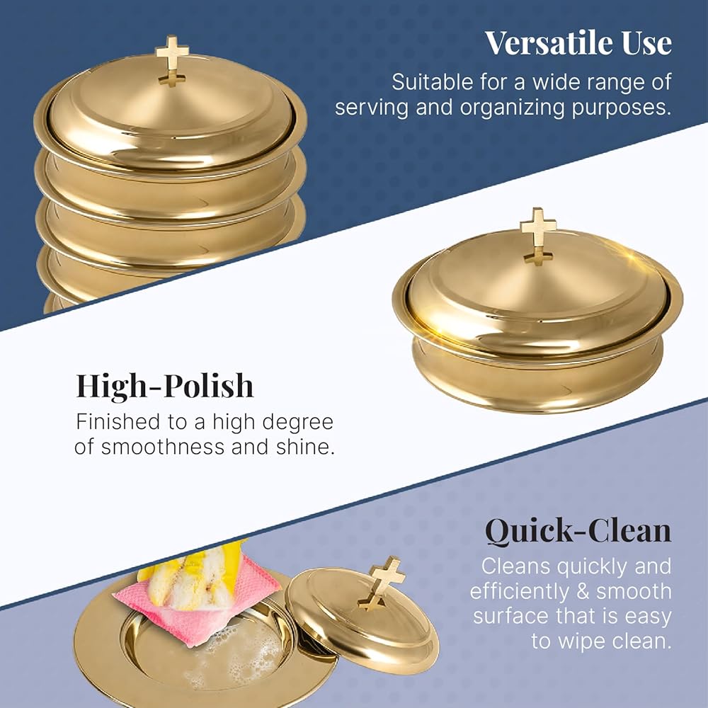 2 plateaux de service pour vin sacré avec couvercle et 2 assiettes à pain empilables avec un couvercle + 80 tasses – Acier inoxydable (laiton/doré brillant) : Cuisine et Maison