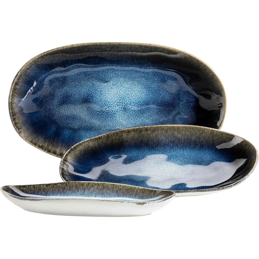 MÄSER Série Frozen Lot de 3 plateaux de service en céramique en 3 tailles, look vintage moderne, glaçage moucheté de couleur, grès, bleu petit : Cuisine et Maison