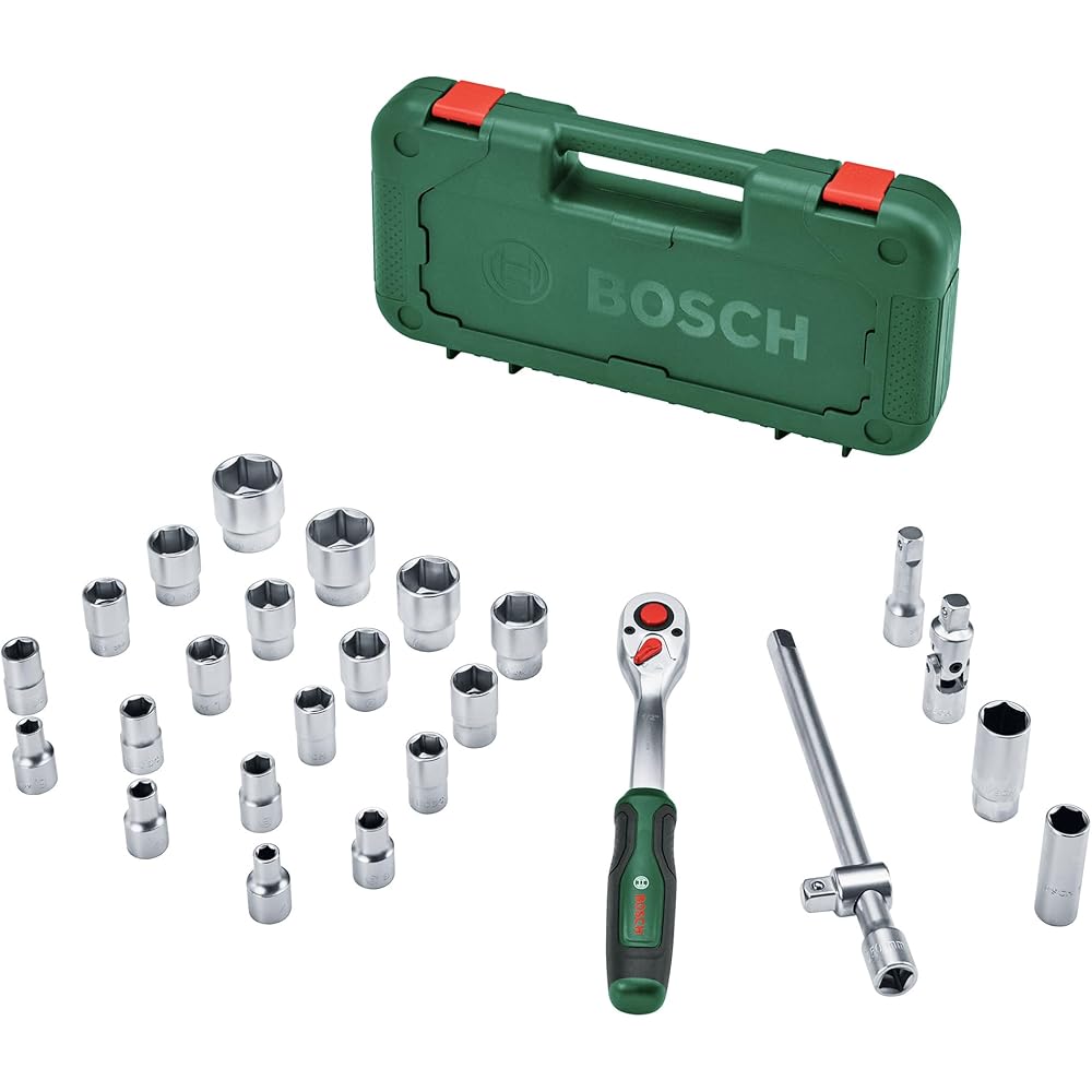 Bosch Set 25 clés à cliquet 1/2" (cliquet puissant 1/2" pour bricolage ; couple jusq. 768 Nm ; bouton verrouill; inverseur ; manche courbé ; Softgrip ; coffret transport) : Bricolage