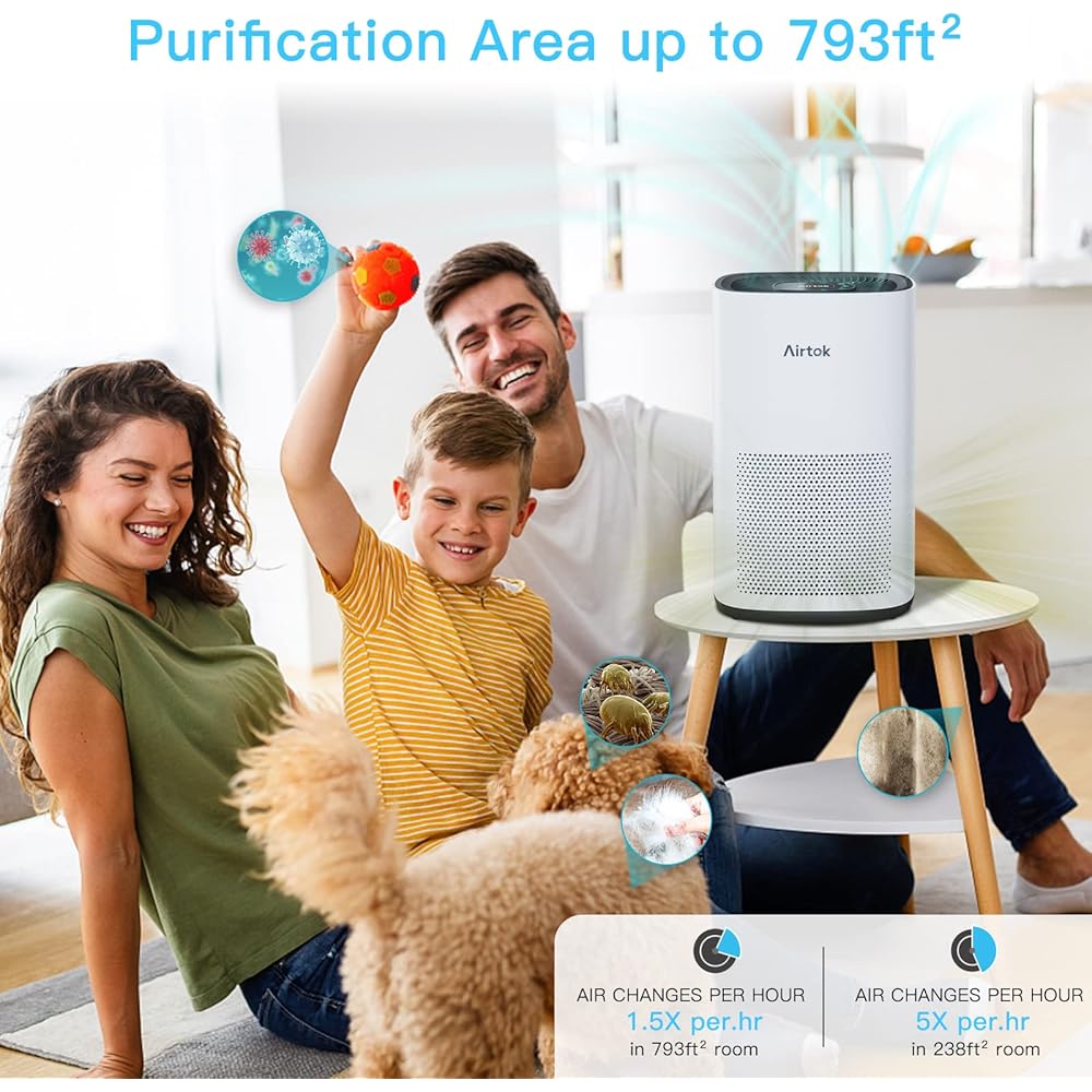 AIRTOK Purificateur d'air, CADR 210 m³/h, Couverture Max 793 ft2 | 360° Air Purifier, Purificateurs d'air capturer 99,97% De Fumée Pollen Poussière Jusqu'à 0,1 Micromètre| veilleuse,AP1001 : Cuisine et Maison