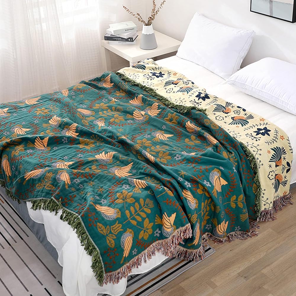 HOORDRY Couverture tissée 100 % coton avec franges, couvre-lit boho double face, 200 × 230 cm, bleu/beige, noble et douillet pour regarder la télé, plaid de fauteuil, couverture réversible : Cuisine et Maison
