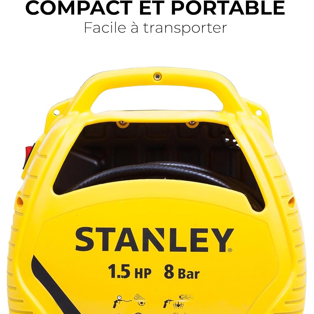 Stanley Compresseur à Air 8 Bar - Compresseur Voiture Portatif Sans Huile avec Outils Pneumatiques - Incl. Tuyau d'Air 3M, Pistolet à Air avec Manomètre et 3 Buses - Jaune : Stanley: Bricolage
