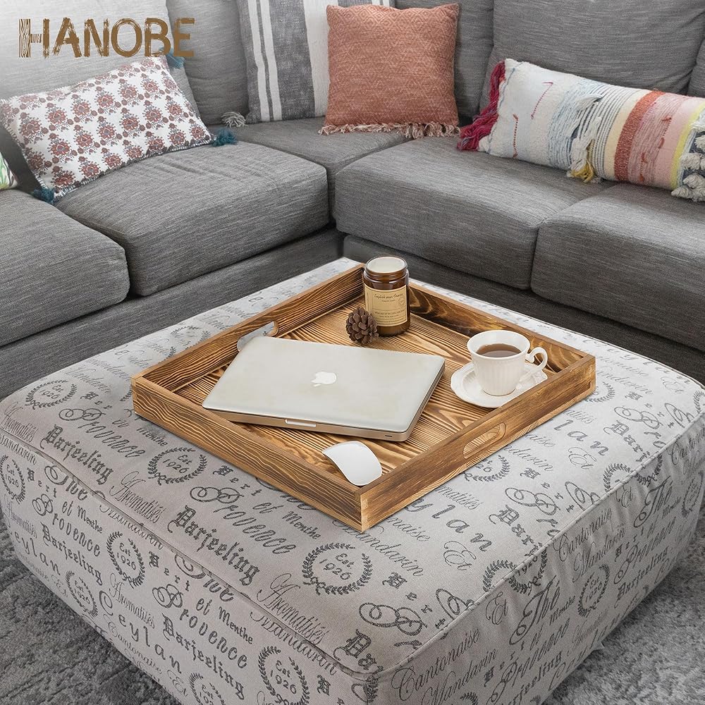Hanobe Grand Plateau Service XXL: Carre 55 cm Plateau en Bois Table Decoratif Rustique Deco Plateaux pour Salle de Séjour Ottoman Cuisine Bois Brûlé : Cuisine et Maison