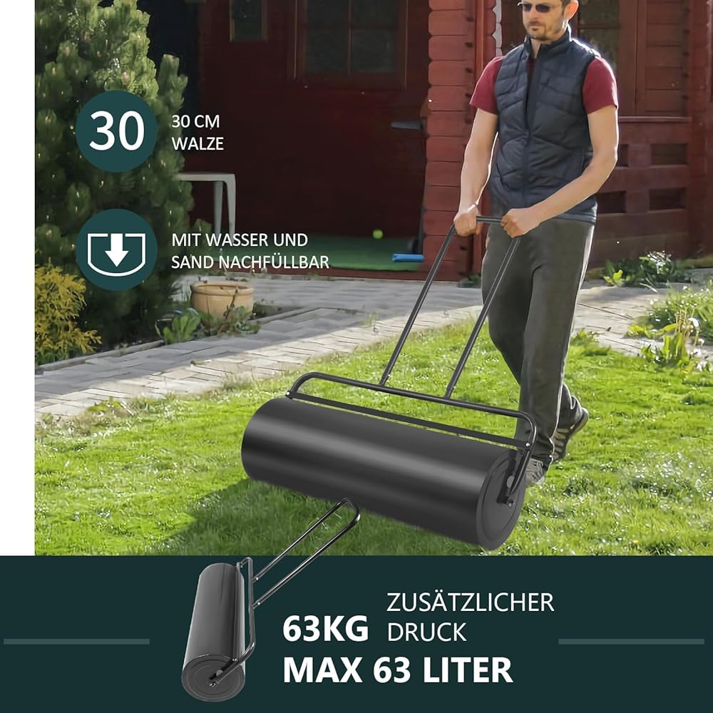 FANTASK Rouleau à Gazon, 63 l, avec poignée, diamètre : 30 cm, remplissable avec Eau/Sable, Noir : Jardin