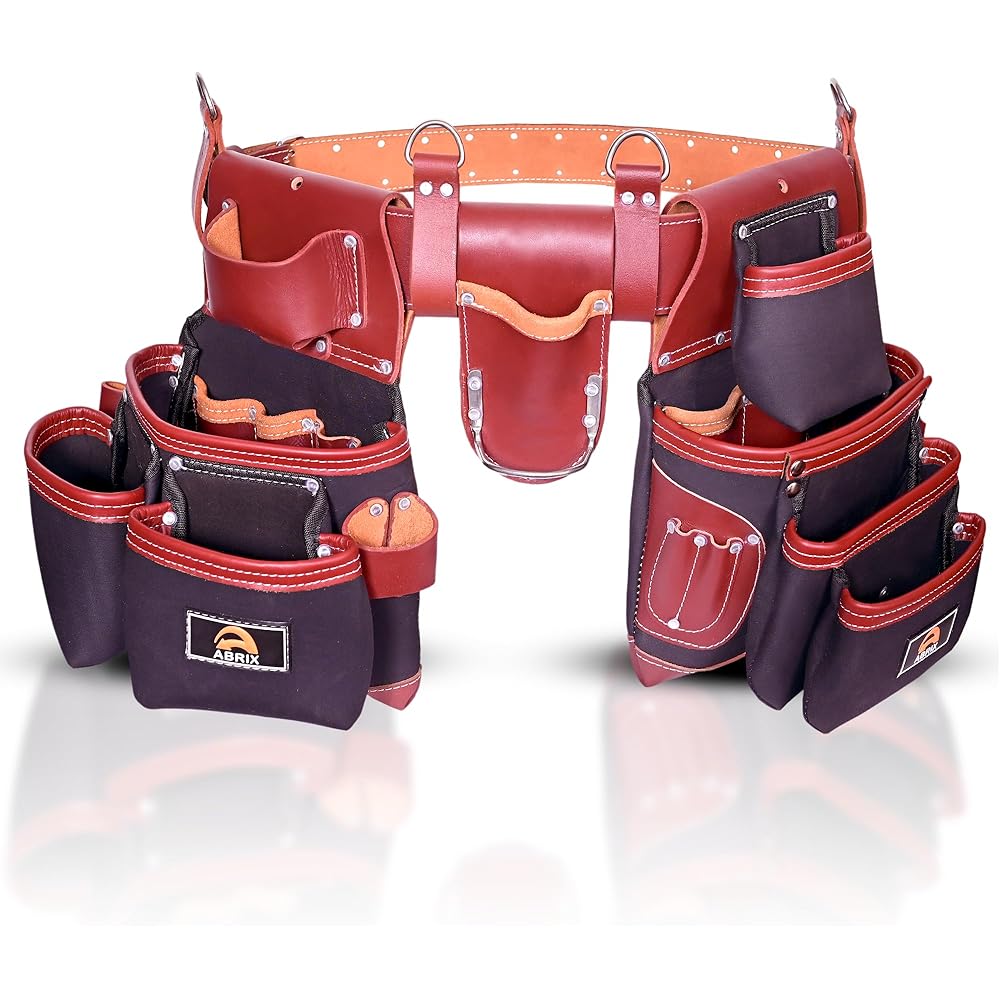 ABRIX, Ceinture à outils en toile et cuir, ceinture de charpentier, ceinture à outils réglable et robuste (76,2 à 132,1 cm), pochette à outils avec 28 poches : Bricolage