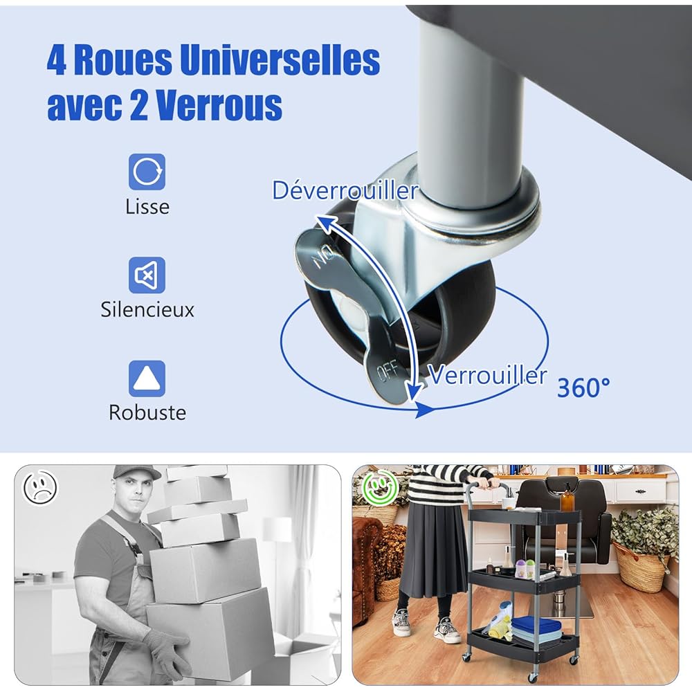 GOPLUS Chariot Service d'Atelier, Chariot d'Outils à 3 Niveaux avec Porte-Bouteilles et Porte-Outils Moulés, Poignée Ergonomique & Roues Verrouillables pour Garage, Atelier : Commerce, Industrie et Science