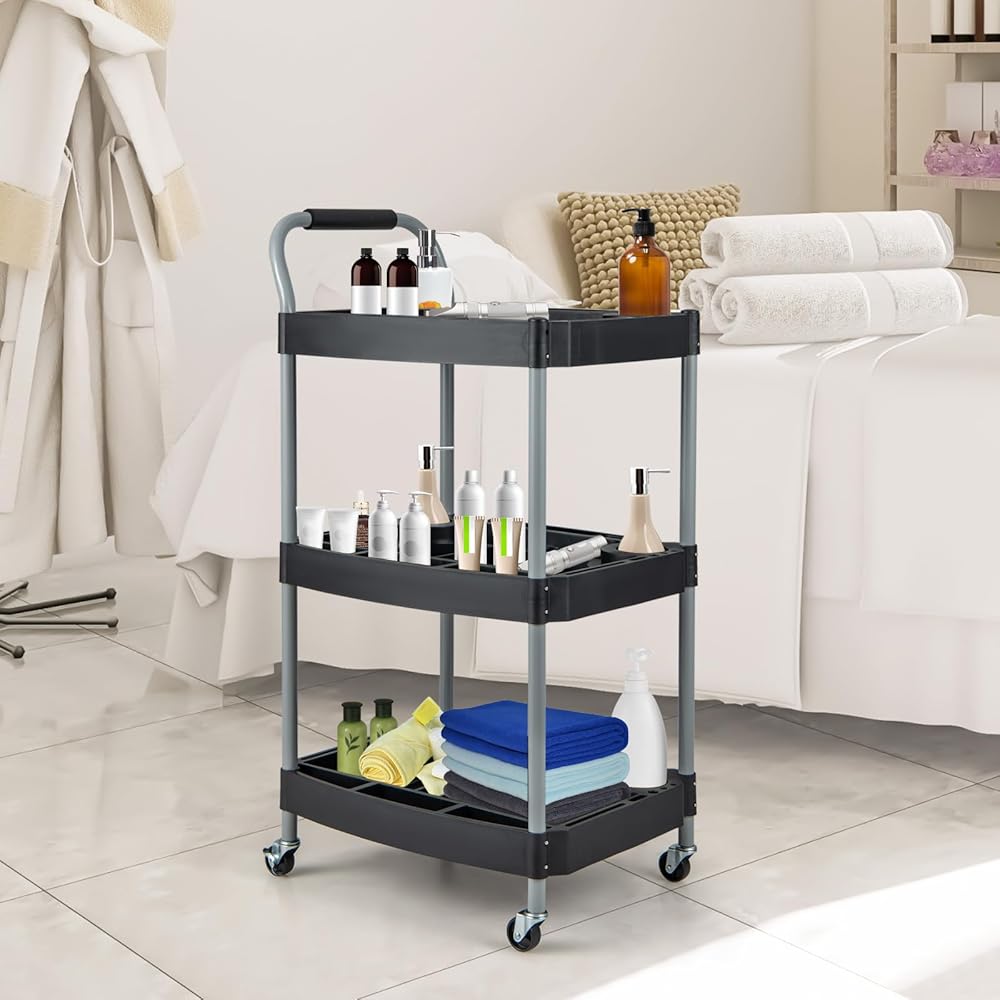 GOPLUS Chariot Service d'Atelier, Chariot d'Outils à 3 Niveaux avec Porte-Bouteilles et Porte-Outils Moulés, Poignée Ergonomique & Roues Verrouillables pour Garage, Atelier : Commerce, Industrie et Science