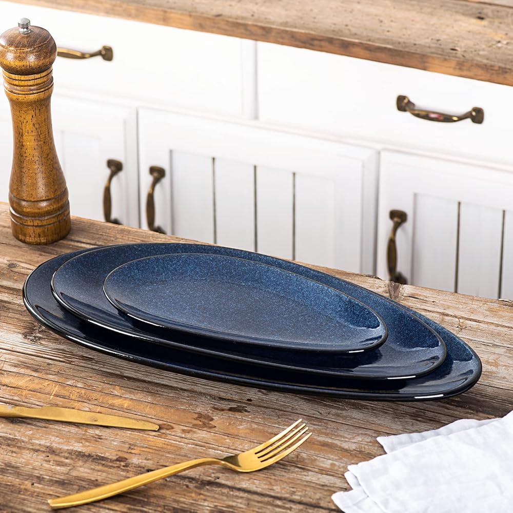 VICRAYS Lot de 3 grands plateaux de service ovales, 40.6 cm/35.6 cm/25.4 cm, en porcelaine pour fête, barbecue, plateaux de service empilables pour apéritifs, sushis, magasin de dessert, bleu : Cuisine et Maison