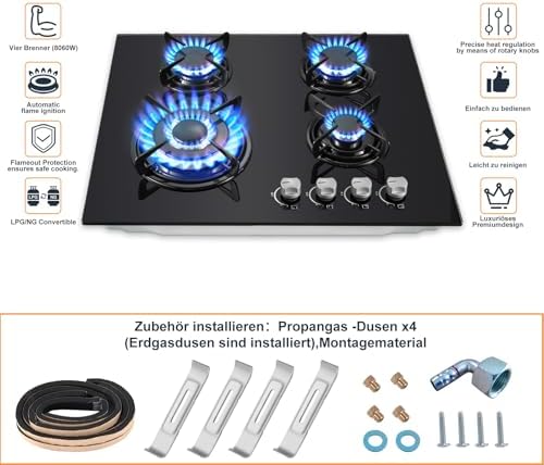 TopStrong Plaque de cuisson gaz 4 feux verre noir