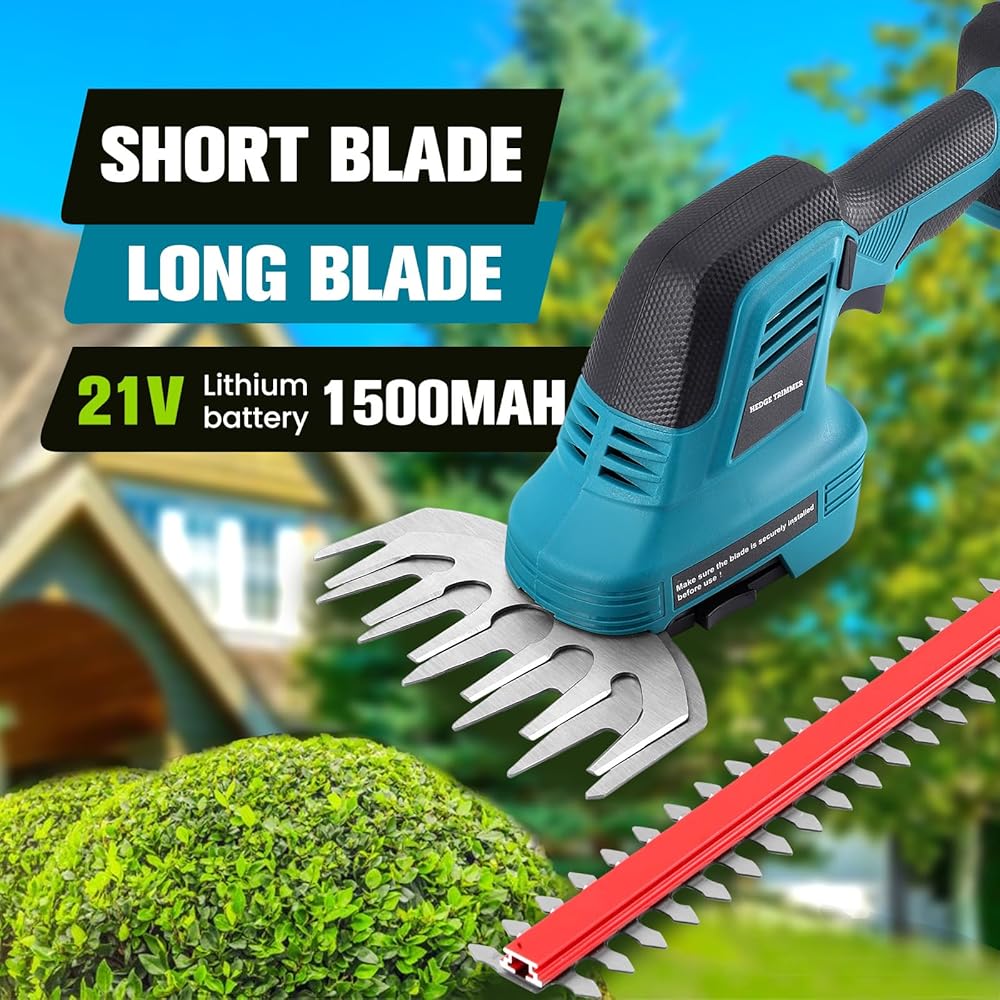2 en 1 Taille-Haies sans Fil 21V, Cisaille à Gazon Electrique avec Batterie 2 x 1500mAh et 2 Lames, Lame Longue 31 cm/Lame Courte 15 cm, pour Jardin, Pelouse, Arbustes,Gazon : Jardin