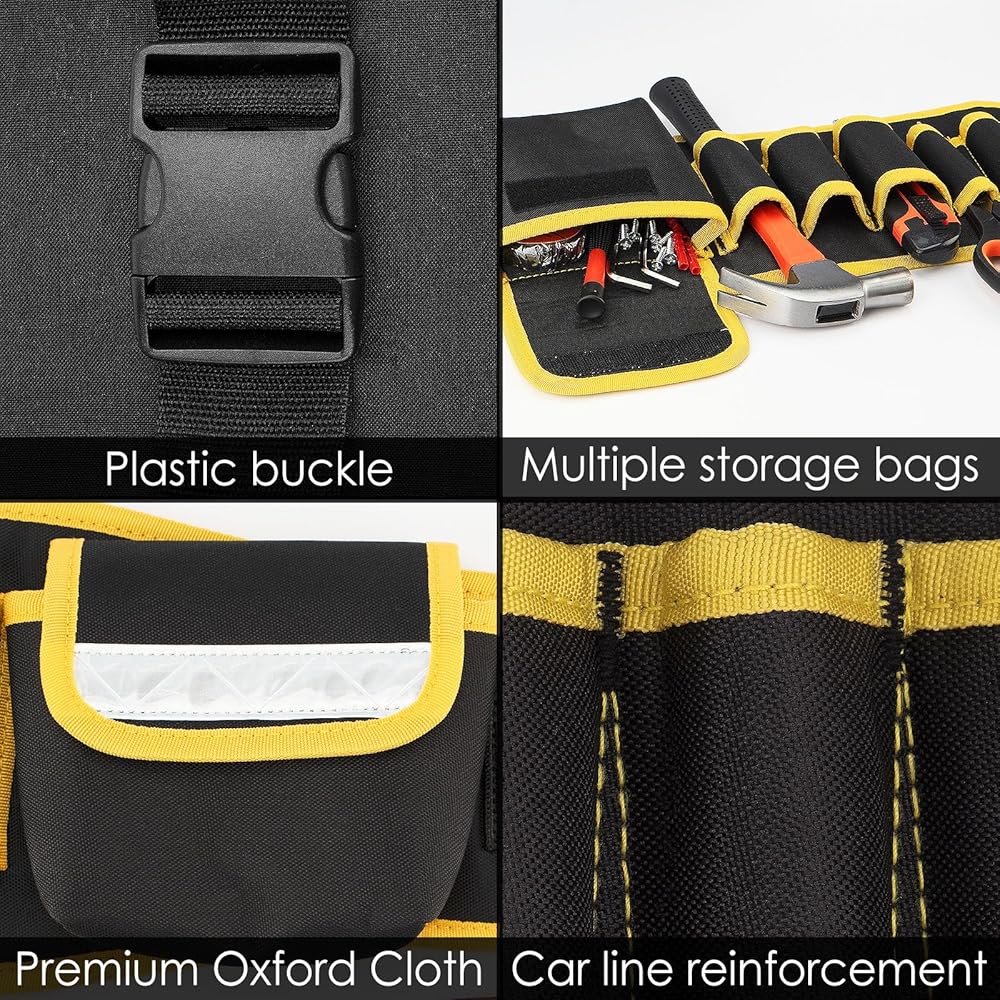 TOCCOOL Lot de 4 ceintures à outils, 9 emplacements, 1 sac à outils de poche avec boucle réglable, lot de rangement d'outils d'électricien multifonction pour tournevis, marteau, clé, pince à perceuse : Bricolage
