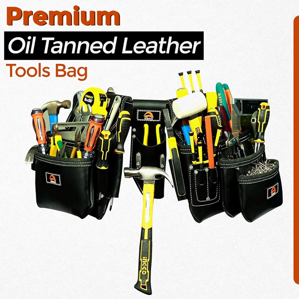 ABRIX PRO-280 Ceinture à outils en cuir tanné à l'huile de qualité supérieure, ceinture à outils en cuir robuste, 28 poches, ceinture à outils pour encadreur (cuir noir) : Bricolage