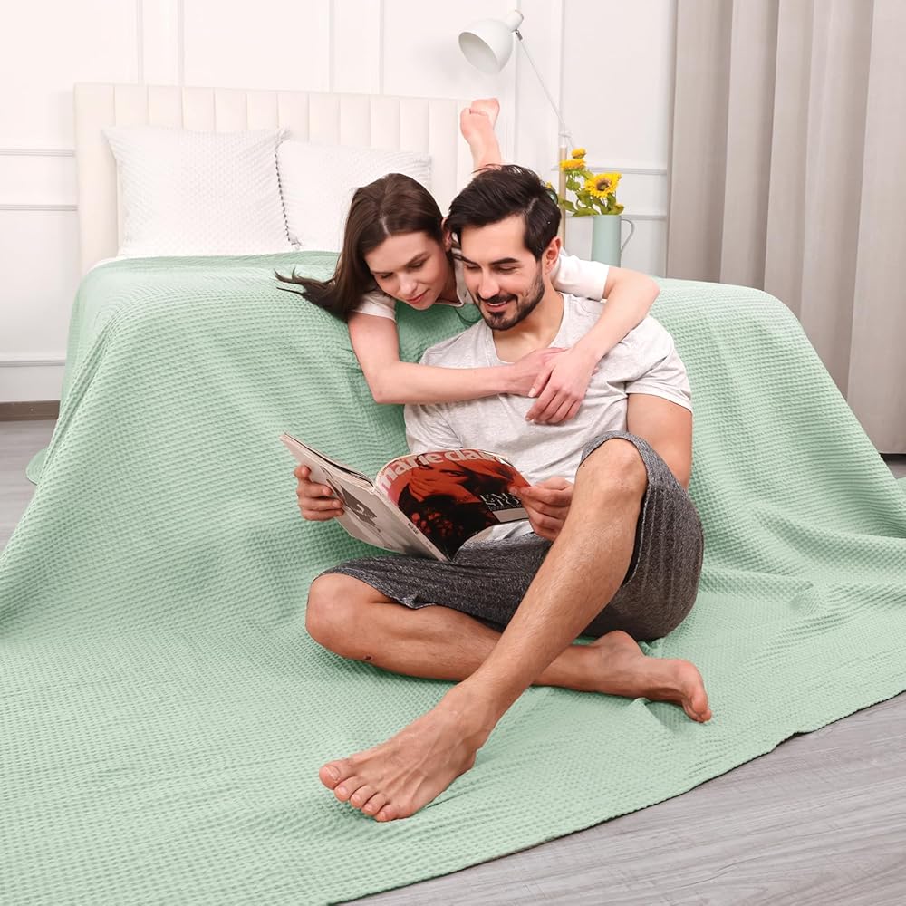 PHF Couverture 100 % coton - 230 x 270 cm - En nid d'abeille douce - Légère - Pour canapé, lit de mer, 230 x 270 cm - Vert herbe : Cuisine et Maison
