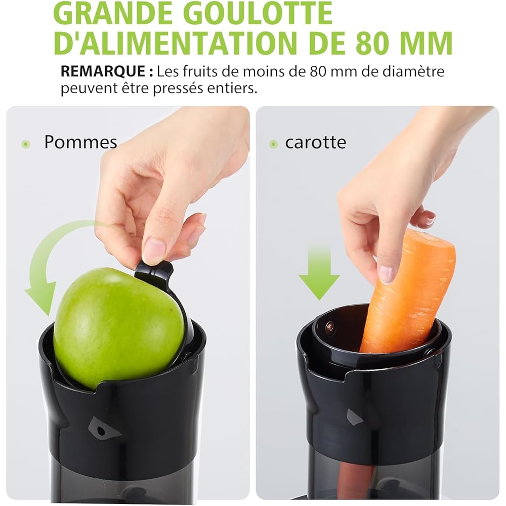AAOBOSI Extracteur de Jus de Fruits et Légumes Entiers, Slow Juicer Presse à Froid Avec Ouverture de 80 MM/Fonction Inverse/Moteur Silencieux/Sans BPA/Vert : Cuisine et Maison