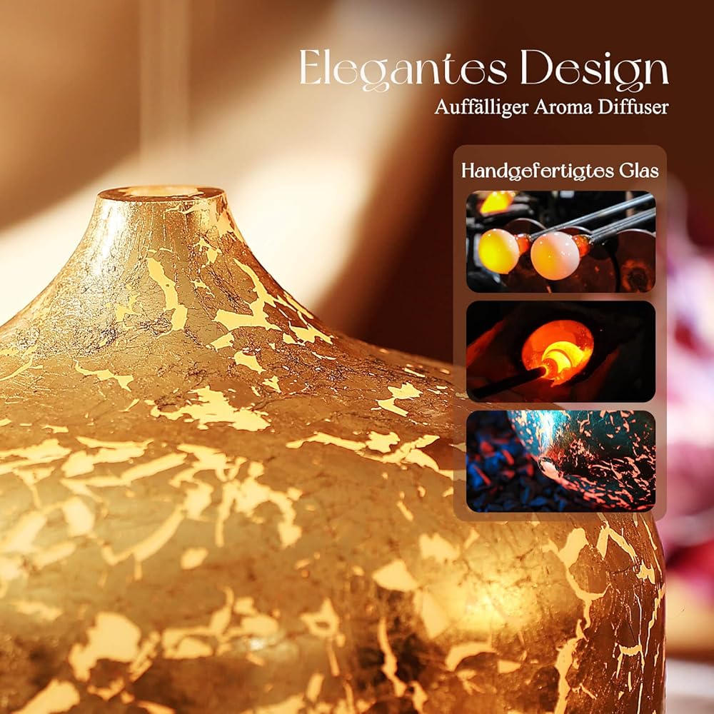 Porseme Verre diffuseur d'arômes 500ml, diffuseur pour huiles essentielles, Grand humidificateur, Brume fraîche ultrasonique, 7 changements de Couleur, Dure 15 à 21 Heures pour Appartement(Plaqué Or) : Hygiène et Santé