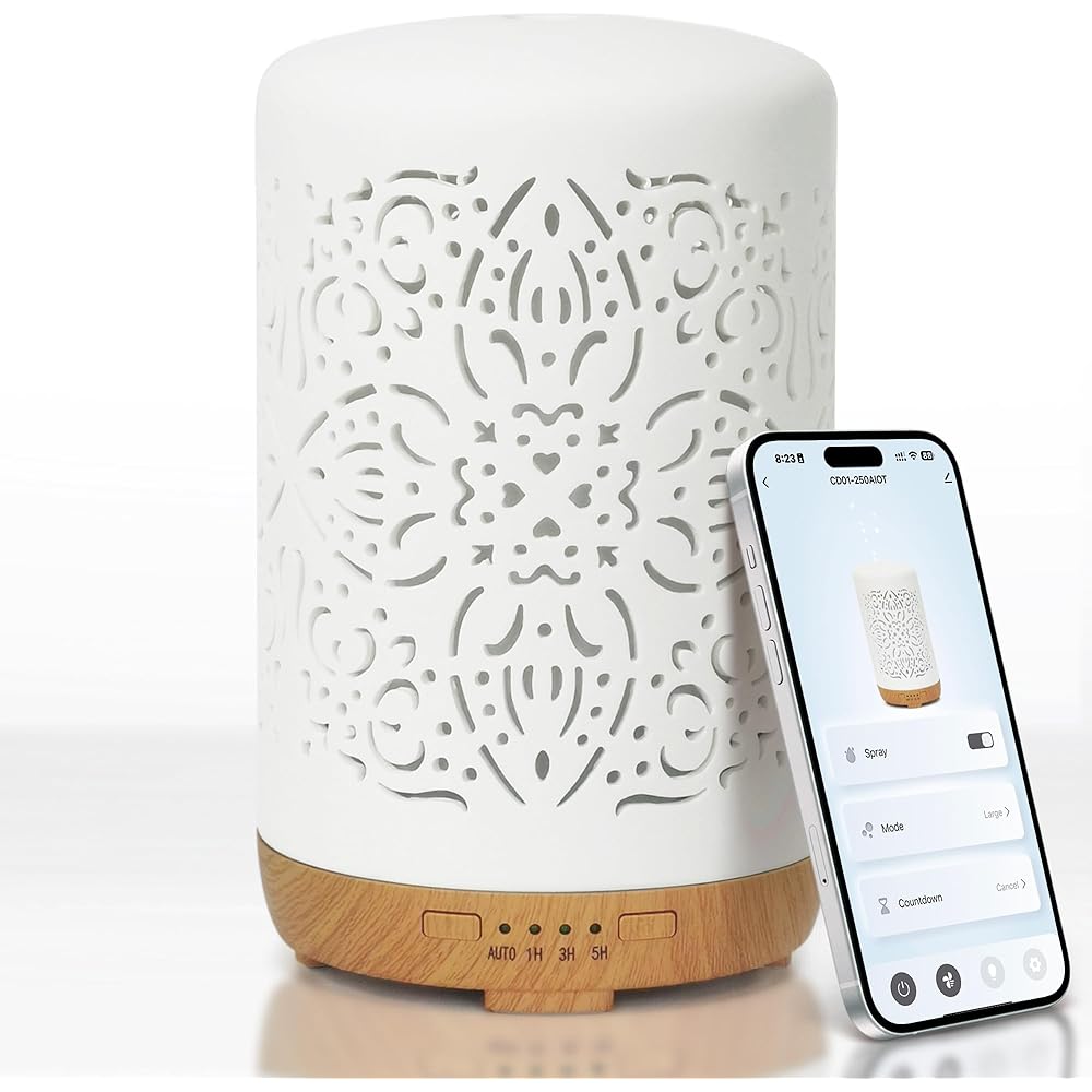 Earnest Living Diffuseur intelligent WiFi pour huiles essentielles Diffuseur en céramique 250 ml avec Alexa Google Home App Contrôle par téléphone LED et arrêt automatique Humidificateur de bureau : Cuisine et Maison