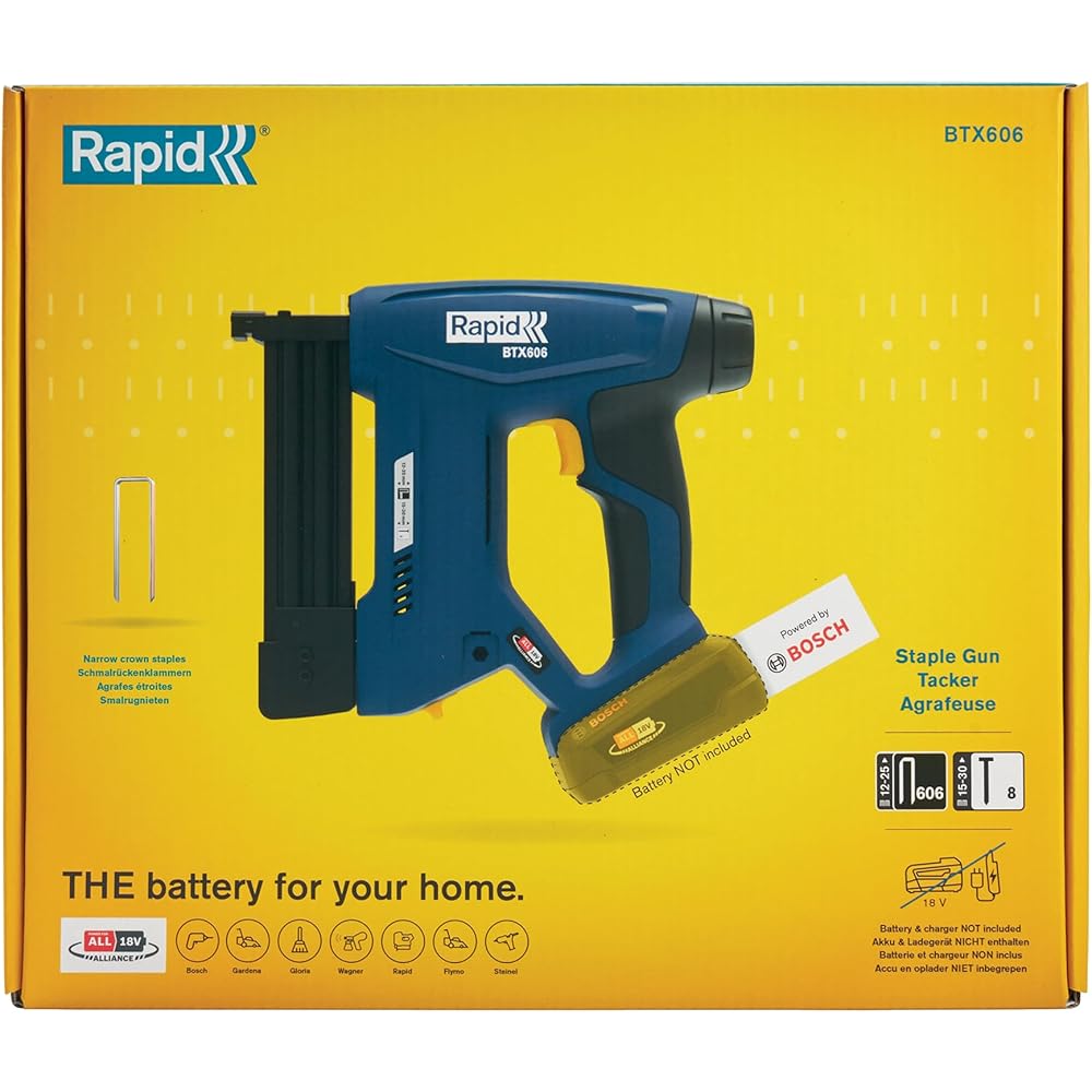 Rapid BTX606 - Agrafeuse Murale P4A 18V, Agrafeuse-Cloueuse Électrique Sans Fil à Batterie, pour Agrafes à Couronne Étroite & Pointes, Bois Dur & Tendre - Batterie Non Incluse (5001505) : Bricolage