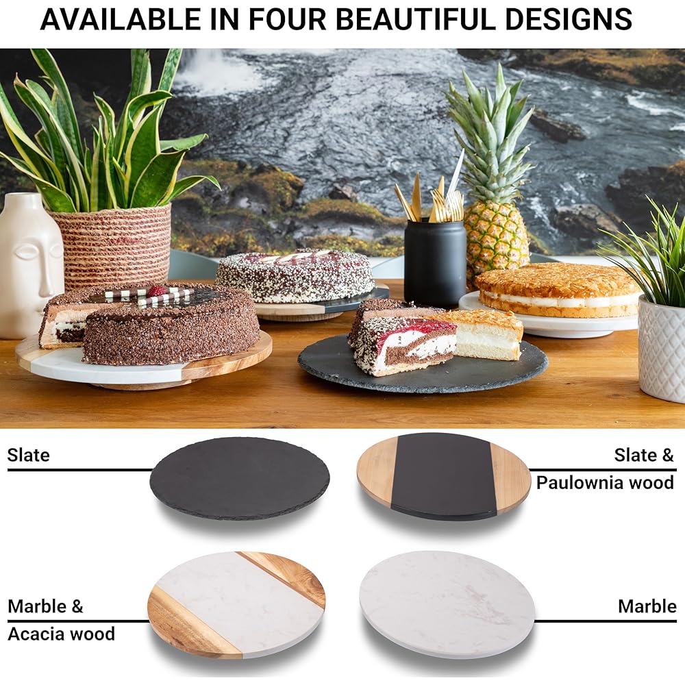 Fino Casa Plateau en Marbre Rotatif Avec Bois d'Acacia - Rond - Gâteau, Fromage, Organiseur de Cuisine - Pied et Service Tournant : Cuisine et Maison