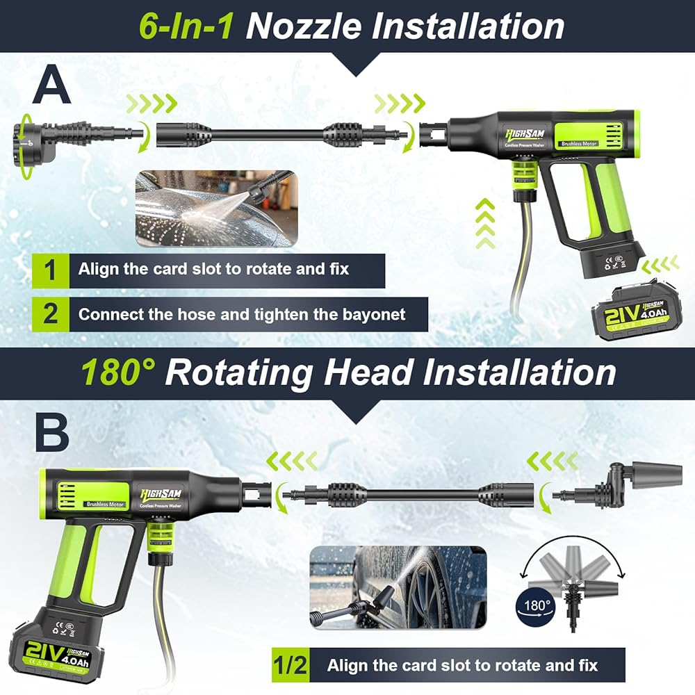 highsam Pressure Washer Nettoyeur haute pression sans fil 4 vitesses max. 120 bar avec 2 batteries 4,0 Ah, buse rotative 6 en 1 et 180 °, tuyau de 5 m : Jardin