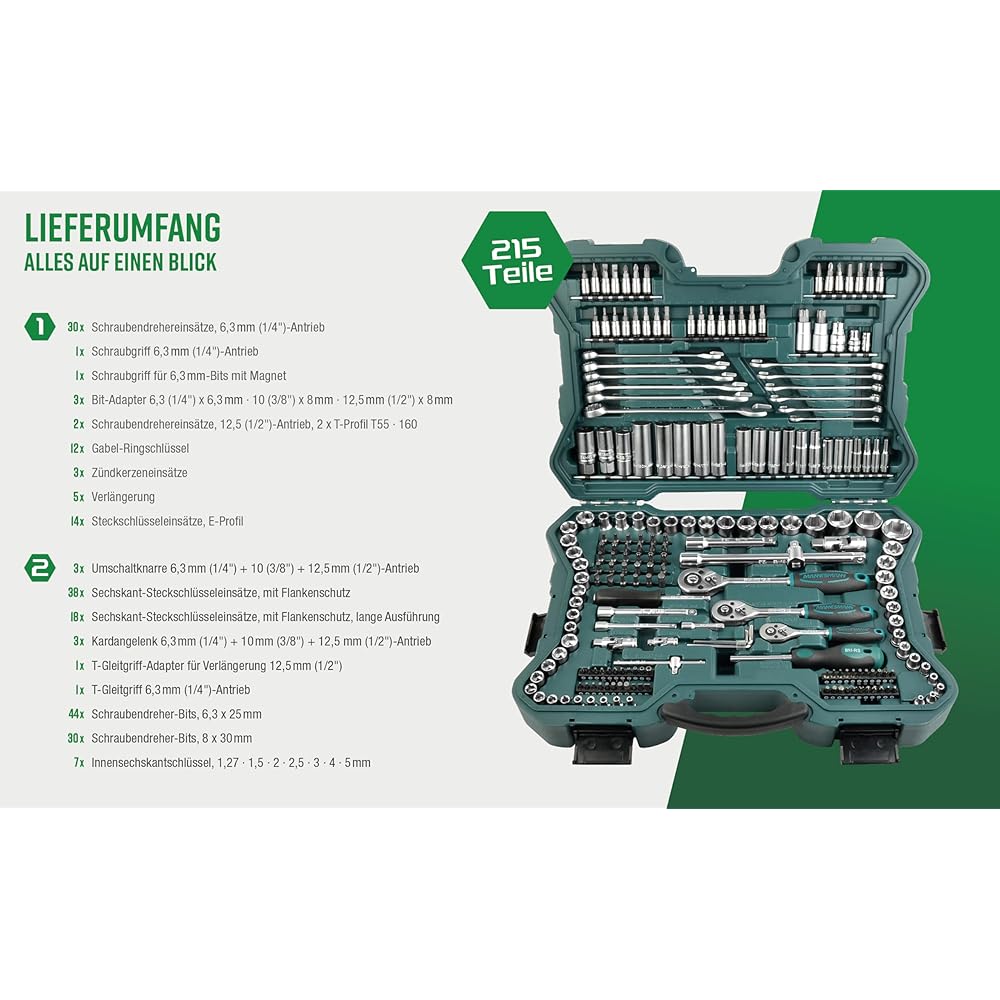 Brüder Mannesmann Set de clés à douille 0,6 / 0,95 / 1,27 cm 215 pièces : Bricolage