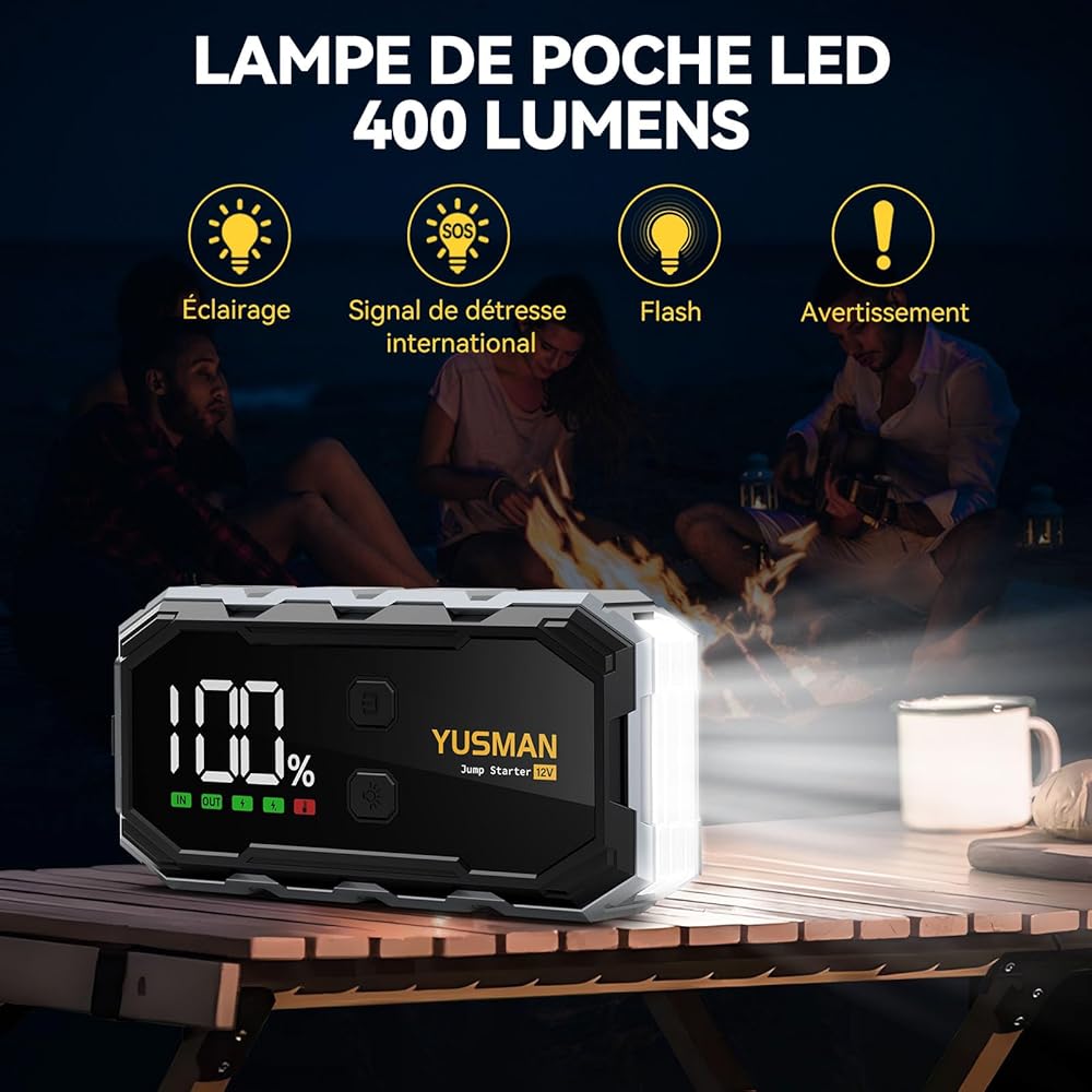 YUSMAN Booster Batterie Voiture 6000A, Démarreur Batterie Voiture Portable (Jusqu'à All GAS/10L Diesel),12V Jump Starter avec Pinces de Sûreté Intelligentes,QC3.0, Lampe à LED, Grand Écran LCD ﻿ : Auto et Moto