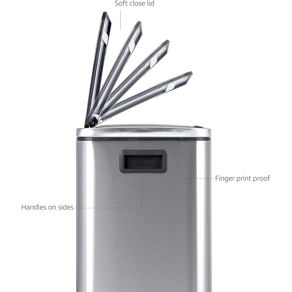 Amazon Basics Poubelle 30 L avec deux compartiments et pédale en tube d'acier - fermeture amortie avec couvercle, pour cuisine, salle de bain ou bureau, rectangulaire, satinée, en acier inoxydable : Cuisine et Maison