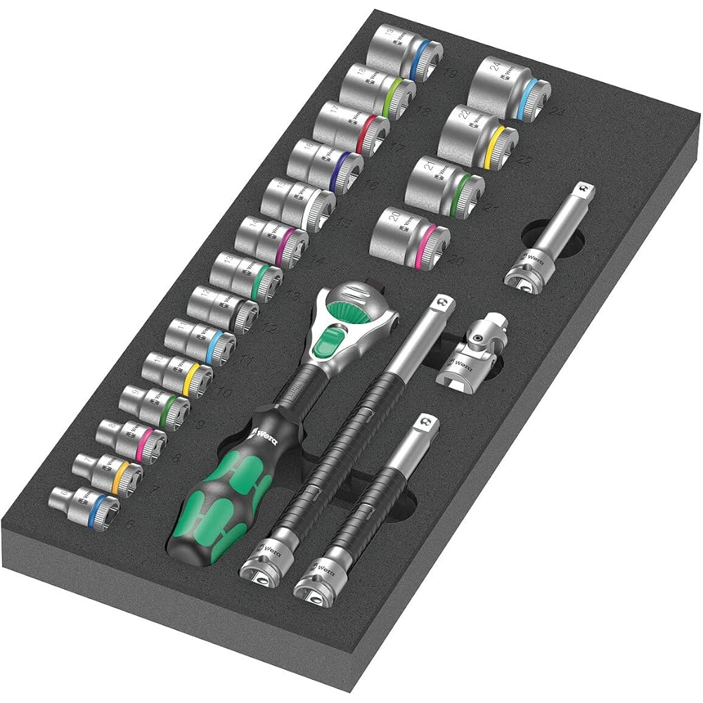 Wera 05150111001 Insert en mousse 9721, jeu de cliquet 8000 B Zyklop 3/8" 1, 23 pièces Noir-vert : Bricolage