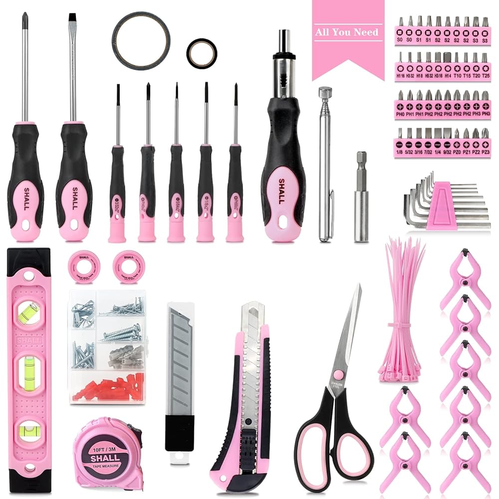 SHALL Ensemble d'outils roses de 246 pièces pour femme, trousse d'outils de base pour la maison avec sac à outils ouvert de 35,6 cm de large, ensemble d'outils à main pour la réparation, l'entretien : Bricolage