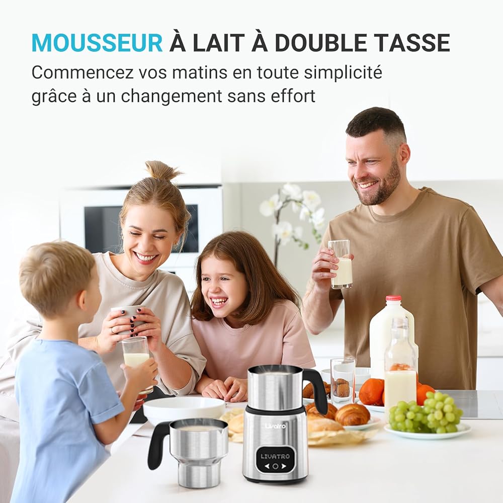 Livatro Mousseur à lait électrique avec double gobelets, 600 ml et 400 ml, passe au lave-vaisselle, avec fonction mémoire, mousse de lait chaude et froide, pour latte, cappuccino, lait au chocolat : Cuisine et Maison