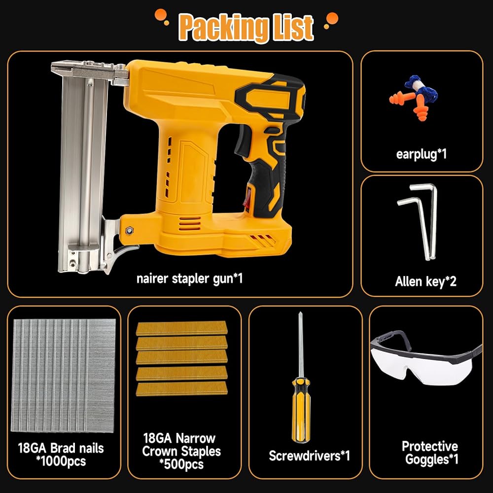 18GA Pistolet à clouer sans fil pour Dewalt 20 V batterie, agrafeuse électrique 2 en 1 avec 1000 clous et 500 agrafes pour menuiserie en bois : Bricolage