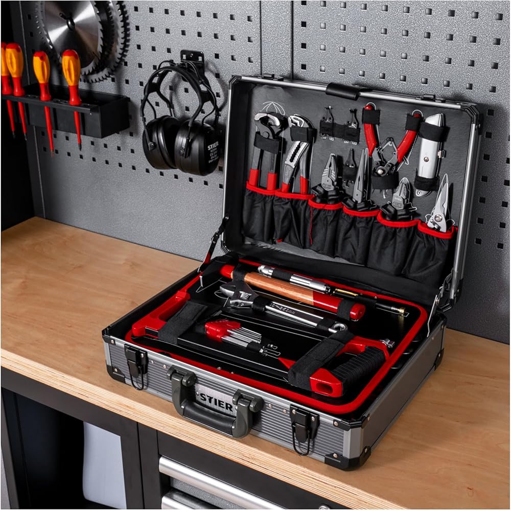 STIER Mallette à outils complète, boîte à outils en aluminium de 144 pièces, outils universels pour les réparations quotidiennes, y compris tournevis, ciseaux, pinces et scies : Bricolage